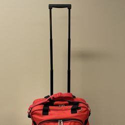 SMALL (15"H x 16"W), LIGHTWEIGHT, TWO (2) WHEEL, RED CARRY-ON LUGGAGE - posted price is firm.