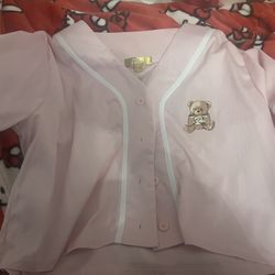 Cult Favorite Women’s Cropped Pink Baseball Jersey With Teddy Bear Size Large