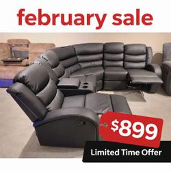 Black Leather Modern Reclining Sectional Sofa 
