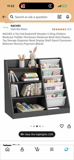 NACHES 4 Tier Kid Bookshelf Wooden 5 Sling Children Bookcase Toddler Montessori Bookcase Book Rack Display Toy Storage Organizer