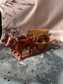 Wooden Ox Cart Model – Hand Carved, Bamboo Canopy, 28cm Long