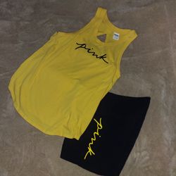 PINK yellow & Blk Tank Top And Shorts