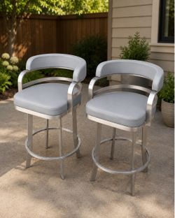 Gray Leather & Brushed Stainless Steel Bar High Stool
