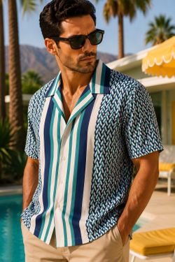 Paul Fredrick XXL Blue Teal Geometric Cotton Camp Shirt
