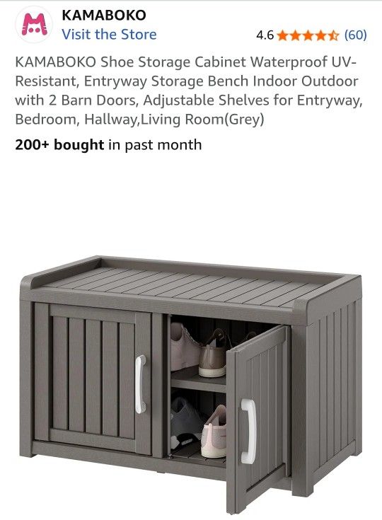 Outdoor shoe cabinet in gray, new in box. (31.69"D x 16.5"W x 17.7"H)