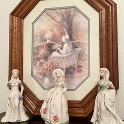 Vintage Home Interior/HOMCO framed Blue Bonnet Girl Art and Set 3 Victorian Lady Porcelain Figurines