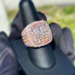 14k solid rose gold iced out 9CTW Natural baguette & round Diamond men’s bust down ring sz 9.5