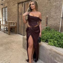 House of CB Set Una Satin Corset Top Large & Vesper Rich Brown Satin