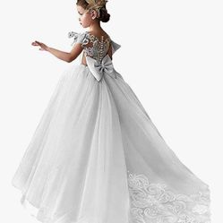 White Flower Girl Long Train Dress