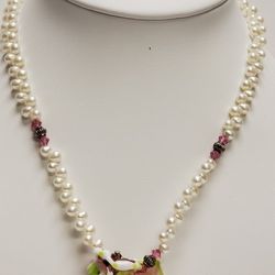 Rare Sterling 925 Vintage Freshwater Pearls With Glass Flower Bouquet Necklace