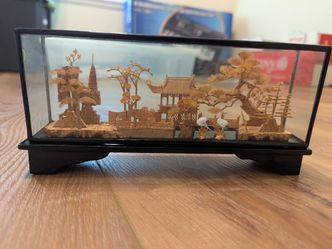 Hand carved wood scene  crane terrarium sealed in wood and glass