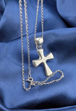 ✨✝️925 Sterling Silver Cross w/ 20" Miami Cuban Thin Necklace 1.5mm👌