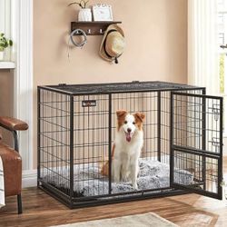 42.1 Inch Heavy Duty Dog Crate, Metal Escape Proof Kennel with Double Doors and Convenient Feeding Door, Removable Tray, Easy to Clean, XL