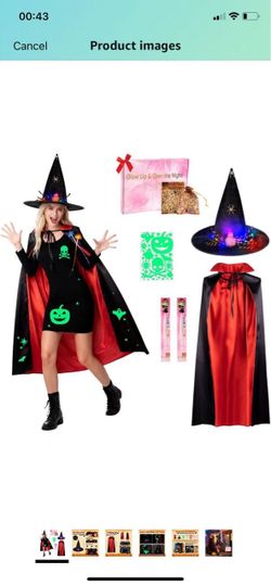 Light-Up Halloween Bundle costumes,Glow Spider Witch hats & Cape, Night Glow Decals, LED Hair Clips, Halloween Candy Bag & Gift Box for Spook Night Wi