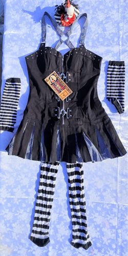 Gothic Punk Corset Dress with Striped Pleated Skirt size L