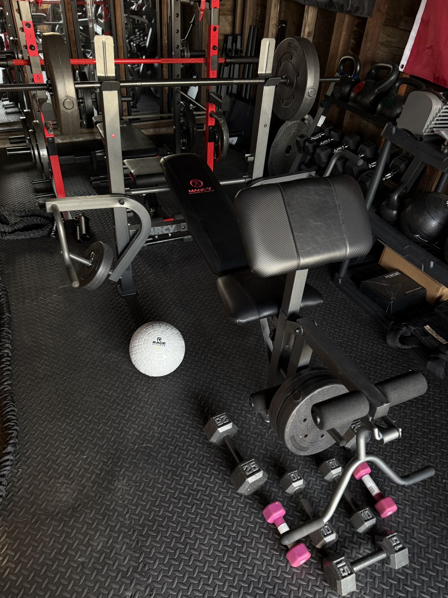 Marcy Diamond Elite Bench Press + Weights + Dumbbells + Slam Ball – Home Gym Setup