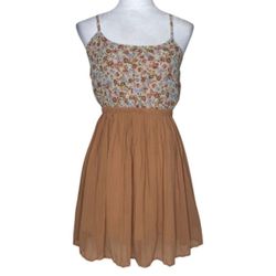 Forever 21 Brown Cream Floral Adjustable Strap Pleated Lined Dress Boho Fairy Small