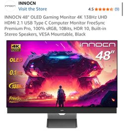 INNOCN 48" OLED Gaming Monitor 4K 138Hz UHD HDMI 2.1 USB Type C Computer Monitor FreeSync Premium Pro, 100% sRGB, 10Bits, HDR 10, Built-in Stereo Spea