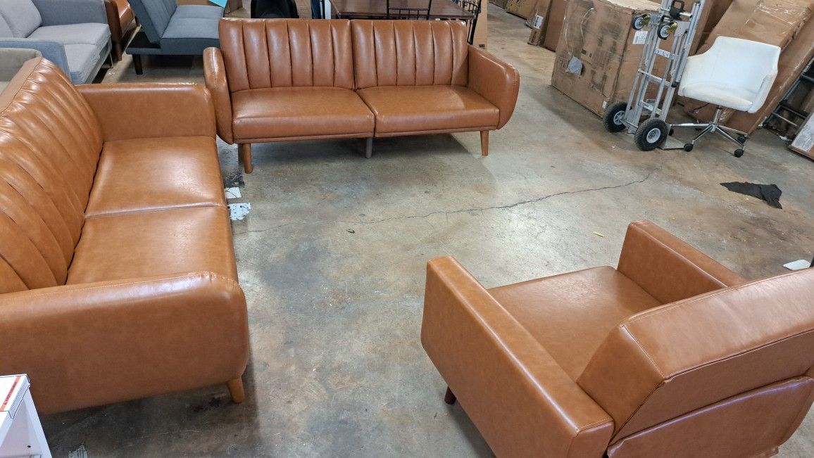 New 2 Modern Futon Sofa With 1 Accent Chair Faux Leather Camel See Pictures For Dimensions 