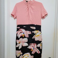 Homeyee Pink Black Floral Midi Tie Neck Short Sleeve Pencil Dress B430 Womens 12