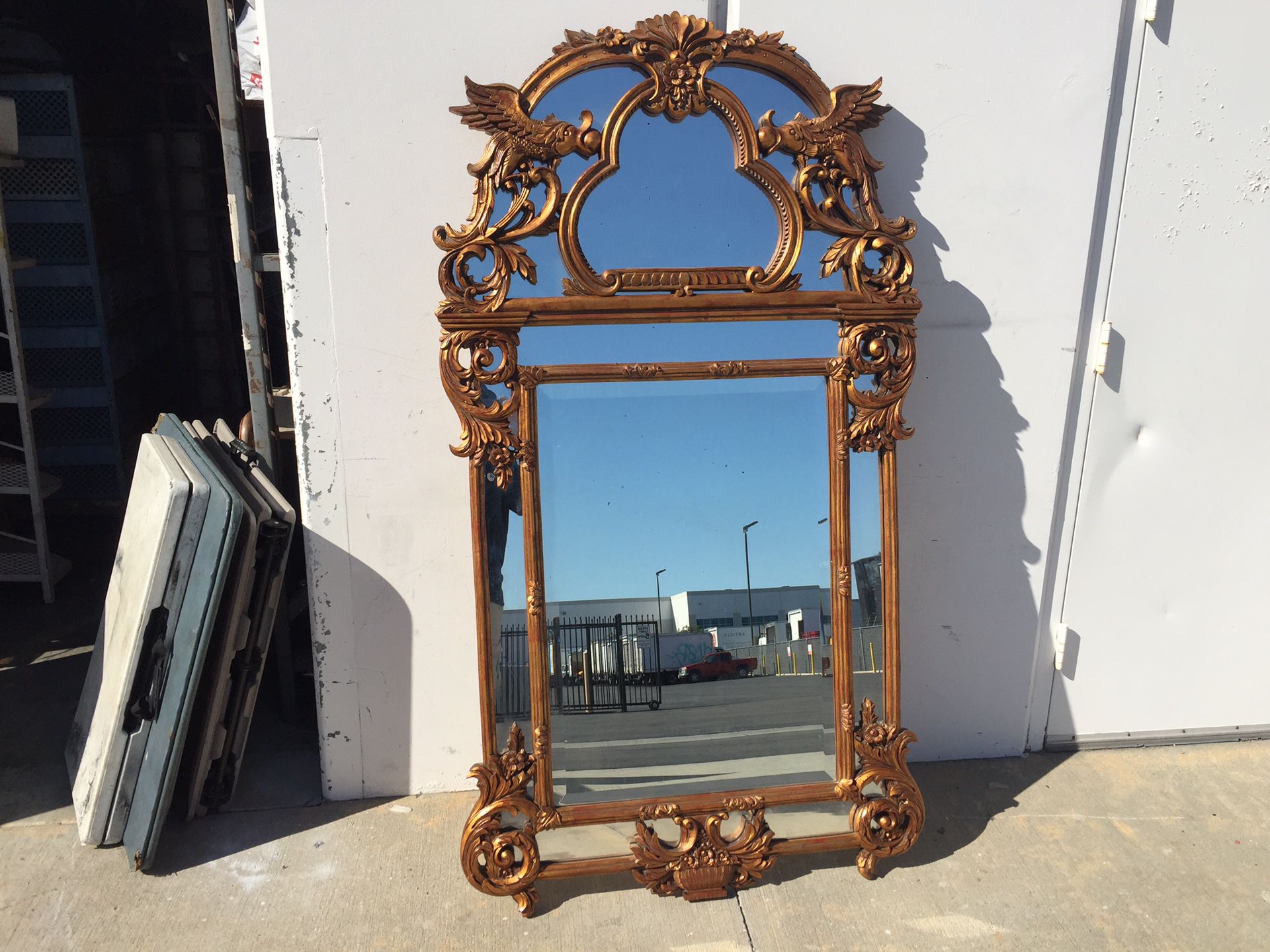WINDSOR ART AND MIRROR COMPANY GILT FRAME BEVELED HALL OR ENTRYWAY MIRROR WITH FLYING koi FISH BIRDS dragons