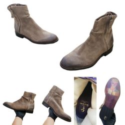 Rare Robert Graham St. Andrews Distressed Leather Suede Ankle Boots Italy Made Beige Slouchy Fit Feauturing Dual Side Zippers Slip on Printed Rubber S