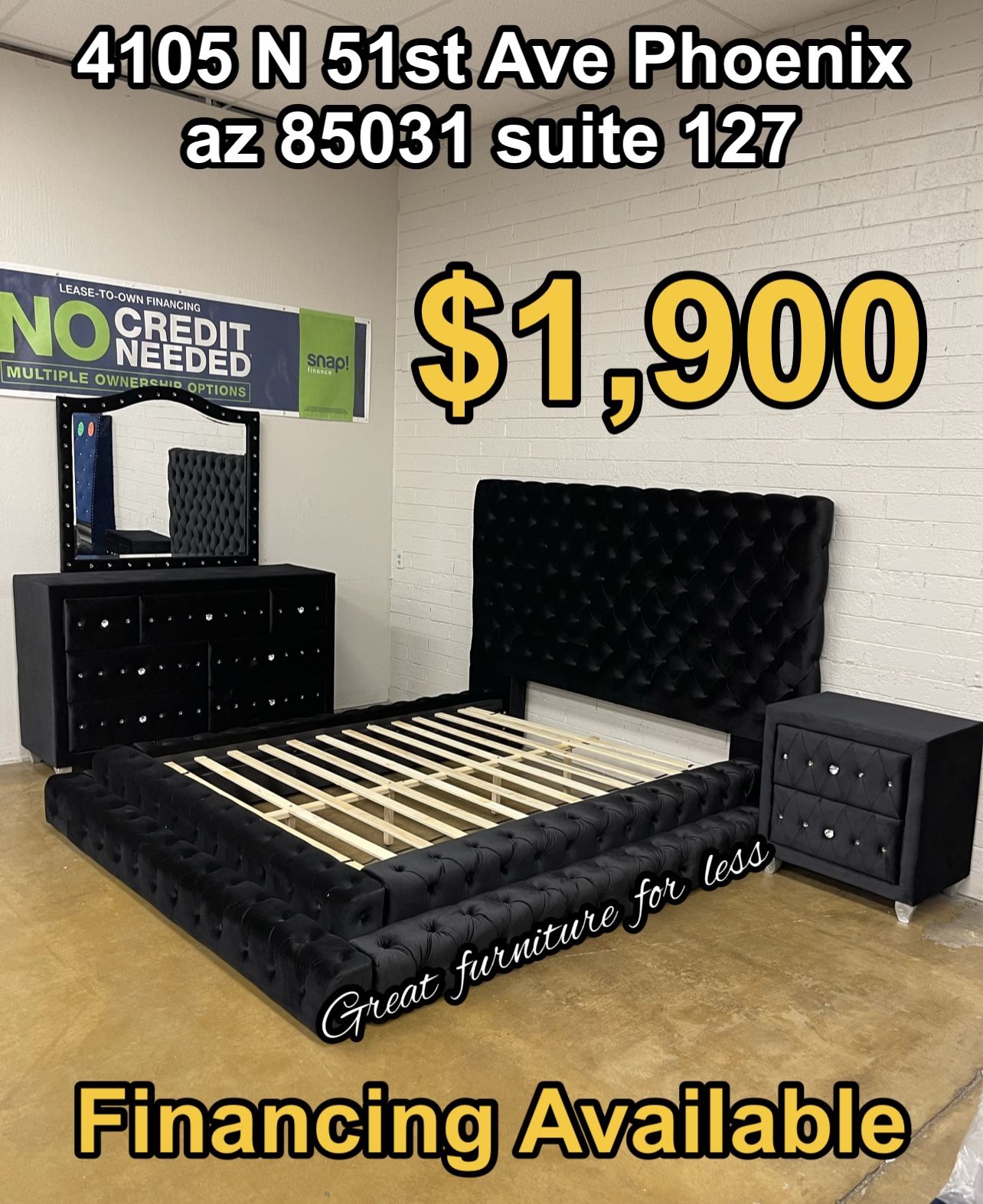 4 PCs Queen Size Bedroom Set Black Velvet Include Bed Frame Dresser Mirror And 1 Nightstand Brand New 