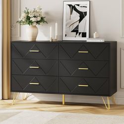 1729c  Dresser for Bedroom, 6 Drawer Black Wood Dresser with Gold Handles, Modern Storage Dressers & Chests of Drawers for Hallway, Entryway
