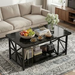 Faux Marble Coffee Table for Living Room with Round Corners,2 Tier Living Room Table with Storage Shelf,Rectangular Coffee Table Center Tabl