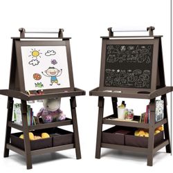 Kids Art Easel, 3 in 1 Double-Sided Painting Easel w/Magnetic Whiteboard, Chalkboard & Paper Roll, 2-Tier Storage Rack & 2 Boxes