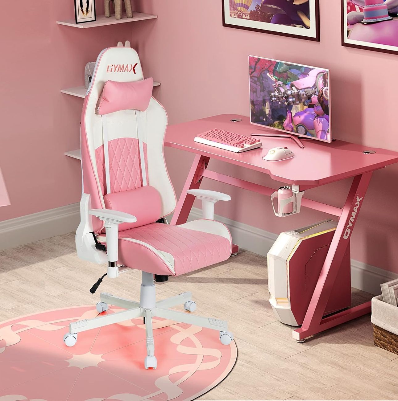 Pink Ergonomic High Back Computer Chair with Headrest & Lumbar Support