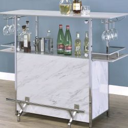 Faux Marble White and Chrome Bar Table With Wine Rack and Stemware Rack