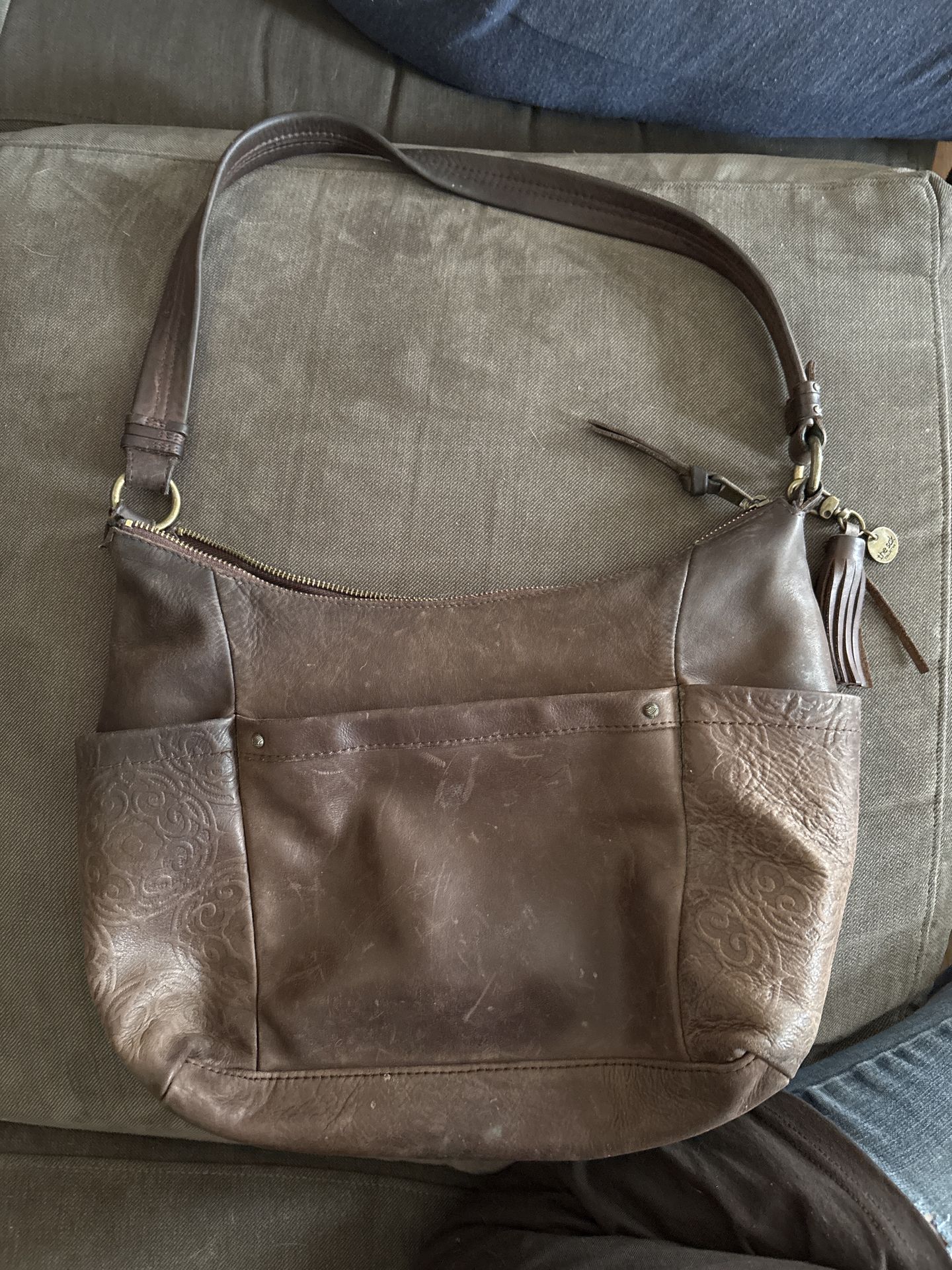 The Sak Brown Genuine Leather Boho Tassel Shoulder Bag Slouchy Everyday Purse