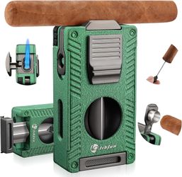 Cigar Torch Lighter, All-in-1 Cigar Lighter Built-in Cigar Holder Cigar Punch Cigar Draw Enhancer Cigar Cutter V Cut, Double Jet Flame Refillable Buta