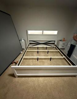 White Wood Bed Frame with Lighted Headboard - Farmhouse Style Furniture - No Credit Needed
