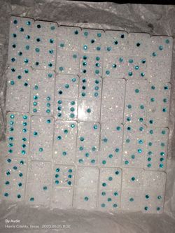 Custom Dominos Pearl White with Aqua Gemstones