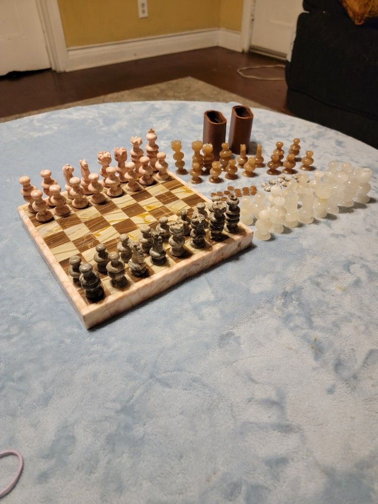 Custome Stone Chess Board Set With Two Full Sets Of Stone Pieces 