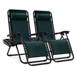 Set of 2 Zero Gravity Lounge Chair Recliners for Patio, Pool w/ Cup Holder Tray - Forest Green