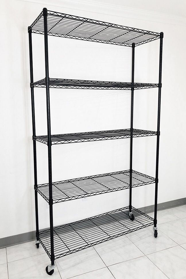 New $90 Metal 5-Shelf Shelving Storage Unit Wire Organizer Rack Adjustable w/ Wheel Casters 48x18x82”