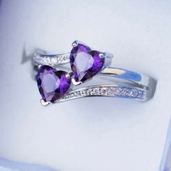 Silver Tone Purple Hearts Ring