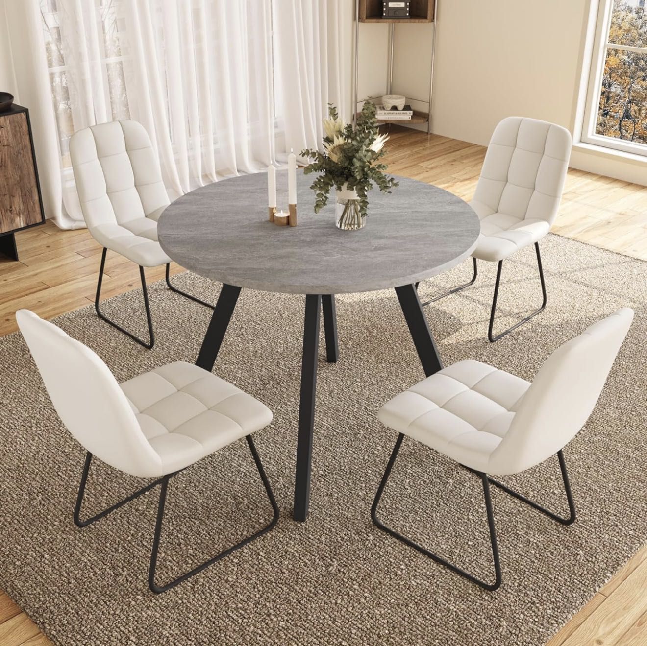 34.6'' Dining Table and Chairs for 4, Mid Century Modern Round Table Set, Space Saving for Apartment Kitchen Dining Room (Grey Table+4 U-Shaped White 