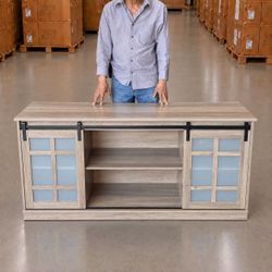 New In Box 59x16x27.5 Inch Tall Heavy Duty TV Television Stand Cabinet Entertainment Center Adjustable Shelf Barn Style Sliding Doors