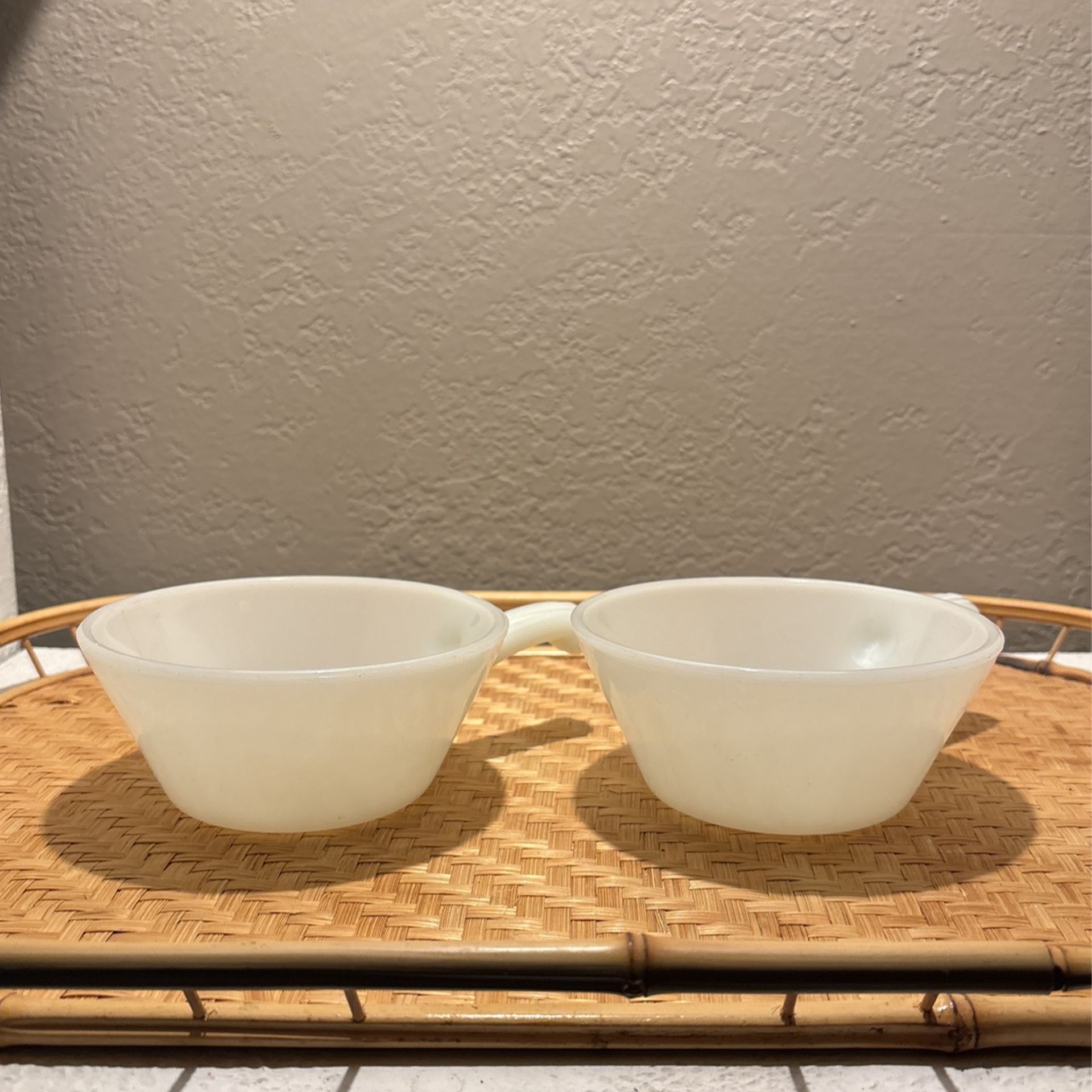 Vintage Fire King milk glass bowls with handle