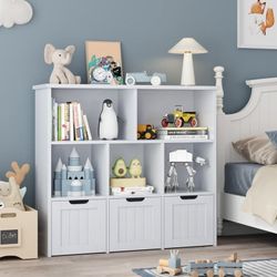 Toy Storage Organizer with 3 Movable Drawers, 5 Cube Kids Bookcase for Playroom, Storage Cabinet for Living Room, Gray Finish