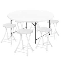 7 Pieces 4.5FT Round Folding Table and 6 Chairs Set, Indoor Outdoor Event Party Desk and Foldable Steel Stools  In boxes. SUV, Van or Truck will fit, 