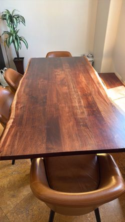 Acacia solid wood top metal base dining set. Walnut  / brown