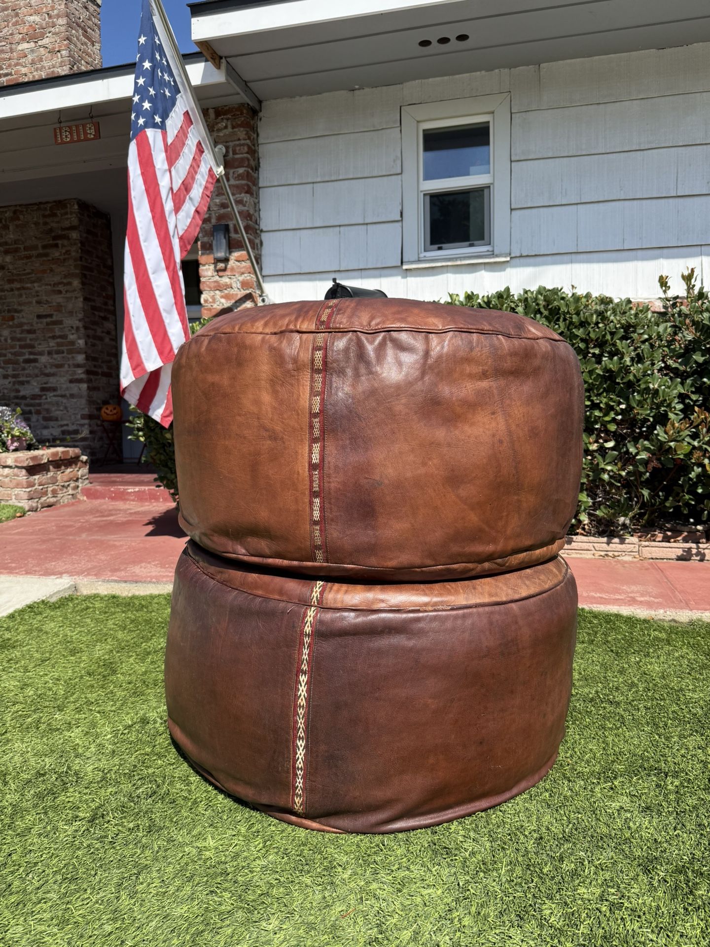 Pair of Large Oversized Vintage Moroccan Style Leather Pouf Ottomans – Boho Chic Embroidered Accent Seating Footrest - Floor Chairs – 16”H x 35”W