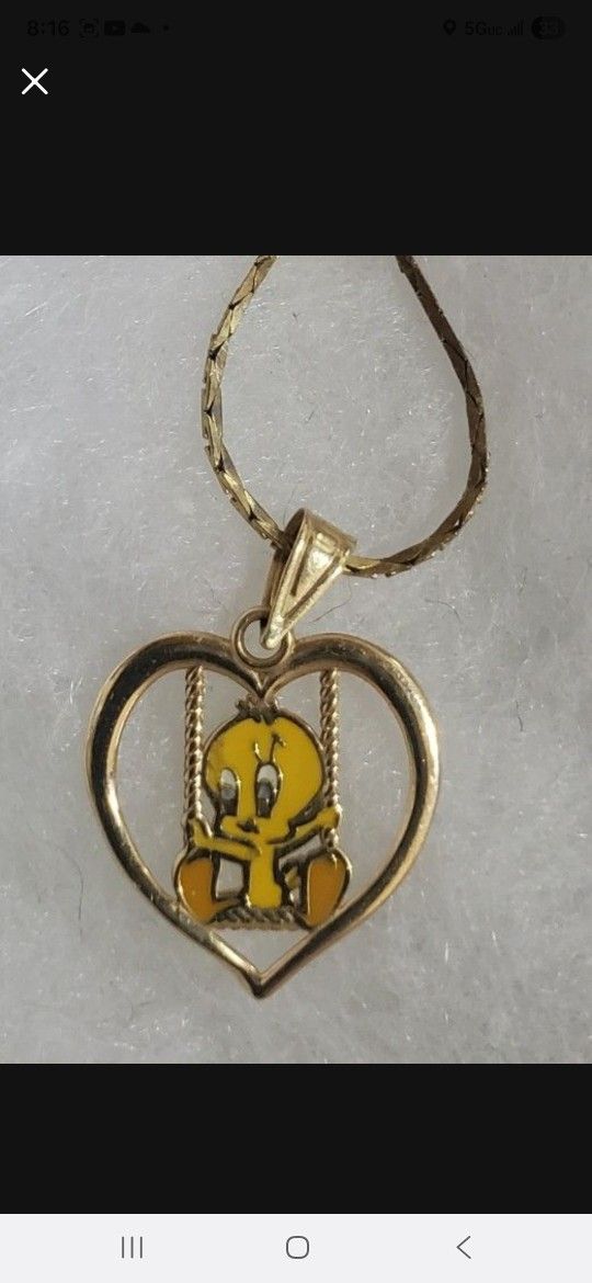 Tweety Bird Heart Swing 14K Gold Pendant Vintage