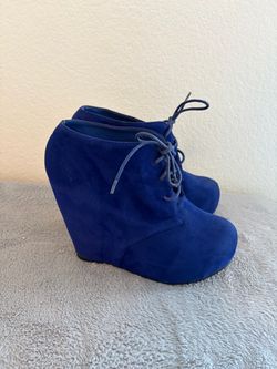 Blue Suede Lace-Up Wedge Booties