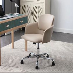 Home Office Chair with Wheels, Adjustable Height PU Leather Ergonomic Computer Tilt Chair in Rocking Style, Modern Mid Back Swivel Vanity Task Chair f